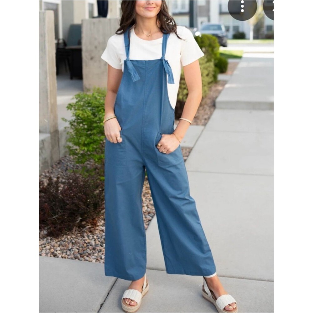 Zenana Outfitters Blue Tie-Strap Wide-Leg Jumpsuit